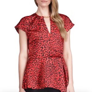 Michael Kors Peplum Top XL Red Leopard Print Chain Detail Keyhole Cap Sleeve